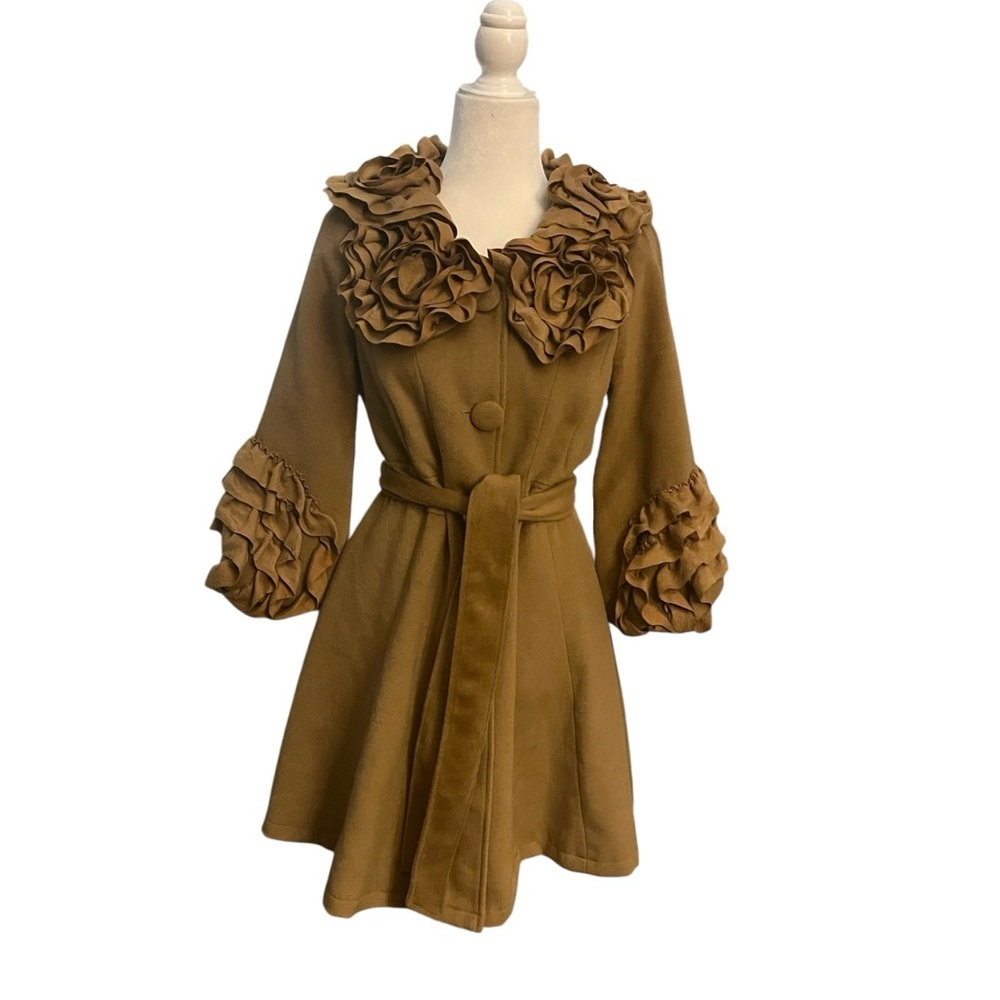 Ryu Brown Rosette Ruffle Collar Trench Coat Size Small - Picture 2 of 9